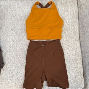 Cara Loren Mustard Yellow Crop Top and Brown biker Shorts activewear Set XS